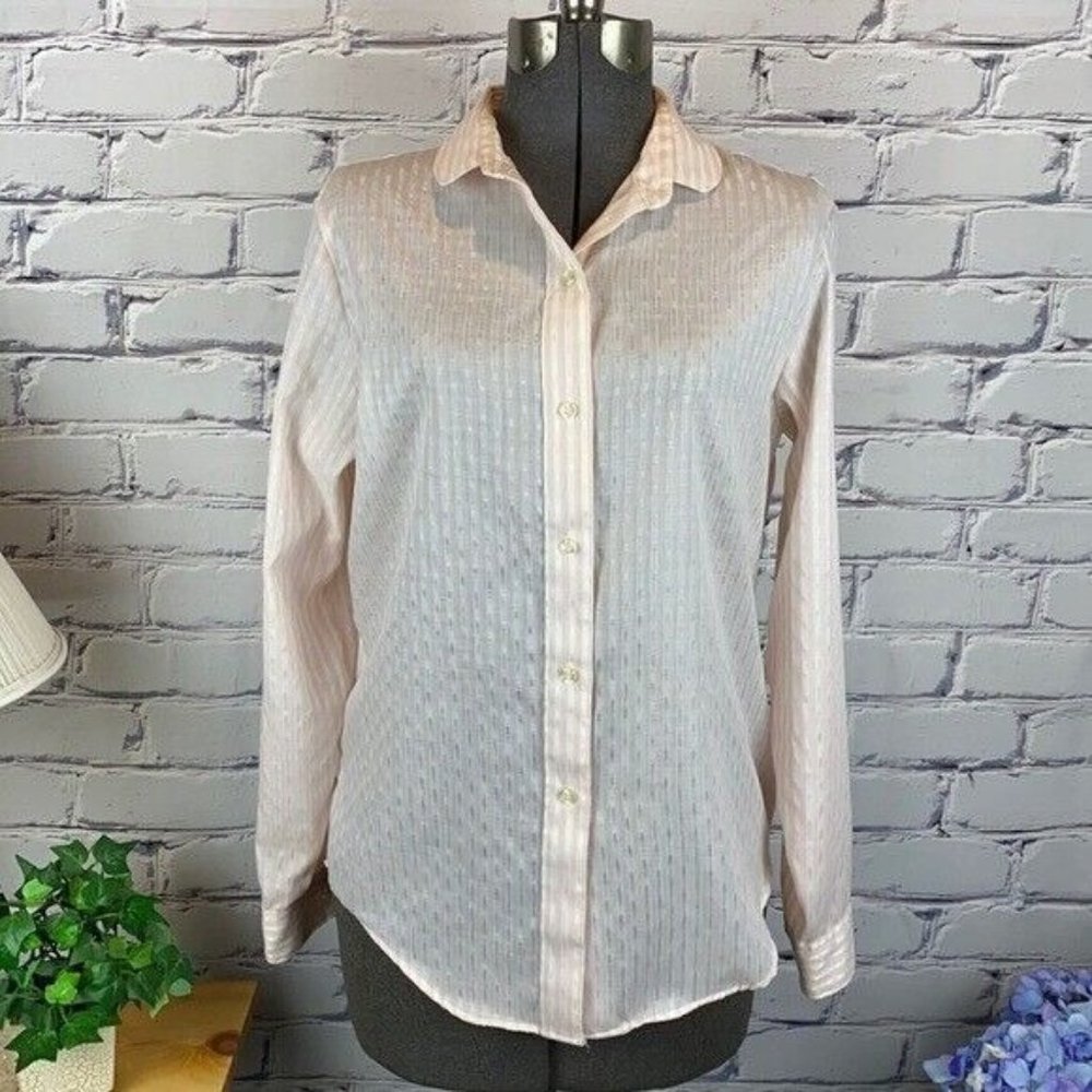 Vintage Womens Pickwick Round Collar Button Down Pink Stripe Blouse Top Sz 14